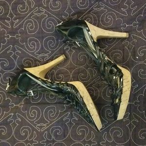 Black patent leather high heel strappy sandals